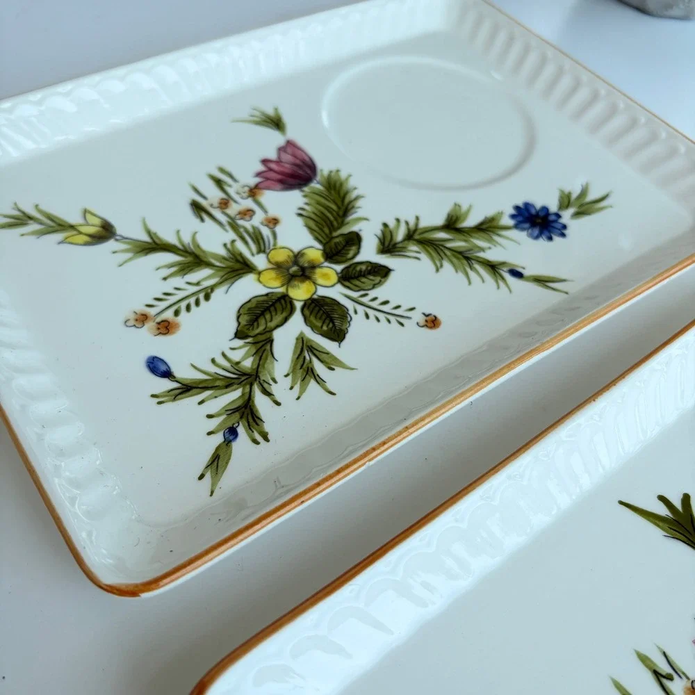 Vintage Floral Ceramic Snack Trays Set of 2 Hand Painted Wildflower Tea Plates